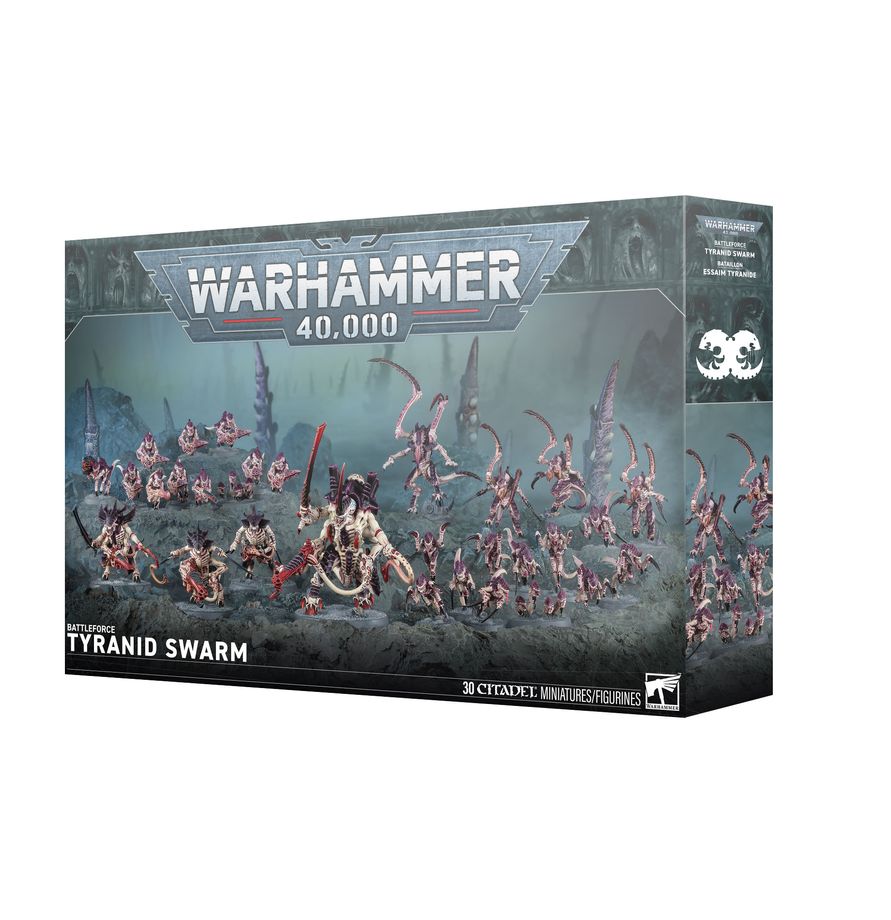 Warhammer 40,000 - Tyranids - Tyranid Swarm Battleforce (PREORDER) - Warhammer 40,000 Tyranid Swarm Battleforce box featuring assembled alien insectoid miniatures with sharp claws, elongated.