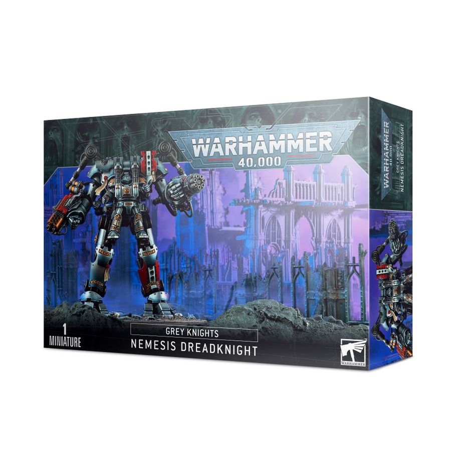 Warhammer 40,000 - Grey Knights - Nemesis Dreadknight - Grey Knights Nemesis Dreadknight model kit box showing a large armored robot figure in silver, blue, and gold with a.