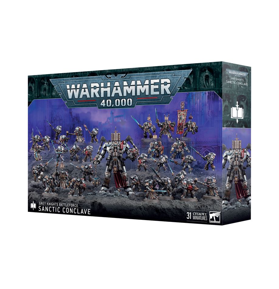 Warhammer 40,000 - Grey Knights - Sanctic Conclave Battleforce - Warhammer 40,000 Grey Knights Sanctic Conclave Battleforce box featuring painted silver and gold armored miniature warriors.