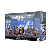 Warhammer 40,000 - Adeptus Custodes - Custodian Wardens - Warhammer 40,000 Adeptus Custodes Custodian Wardens box featuring five detailed gold-armored warrior miniatures with red and