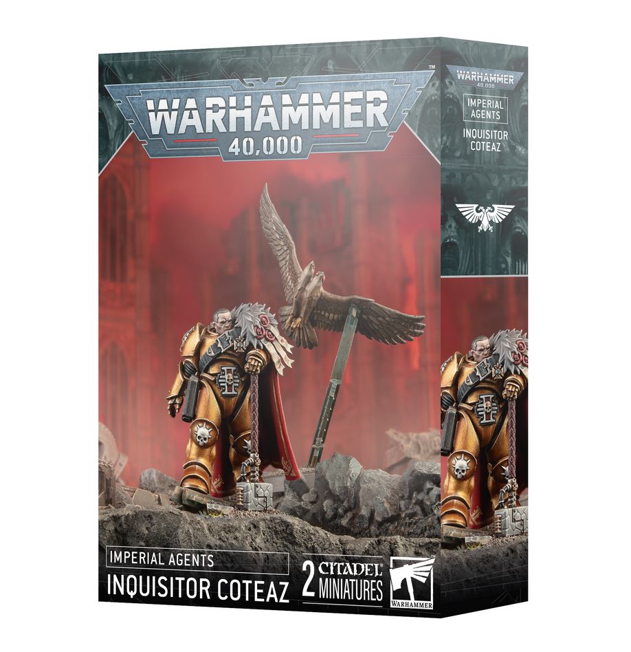 Warhammer 40,000 - Imperial Agents - Inquisitor Coteaz - Warhammer 40,000 box featuring detailed Inquisitor Coteaz miniature in gold and black power armor with a large eagle statue.