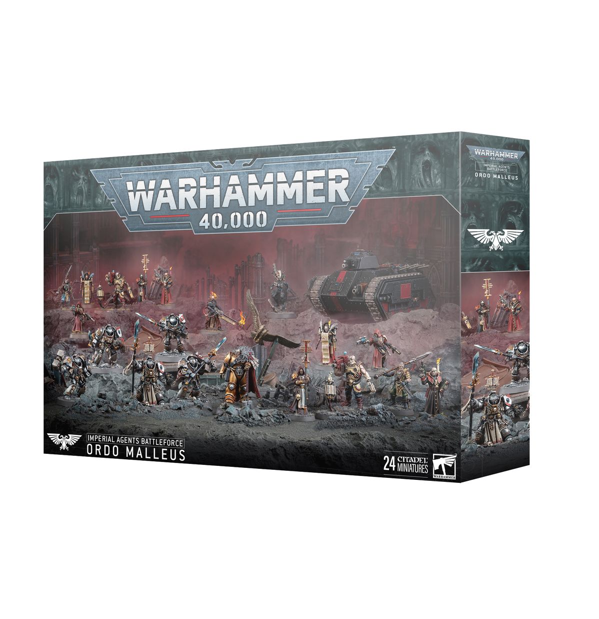 Warhammer 40,000 - Imperial Agents - Ordo Malleus Battleforce - Warhammer 40,000 Ordo Malleus Battleforce box with detailed miniatures and a black armored tank against a dark, war-torn.