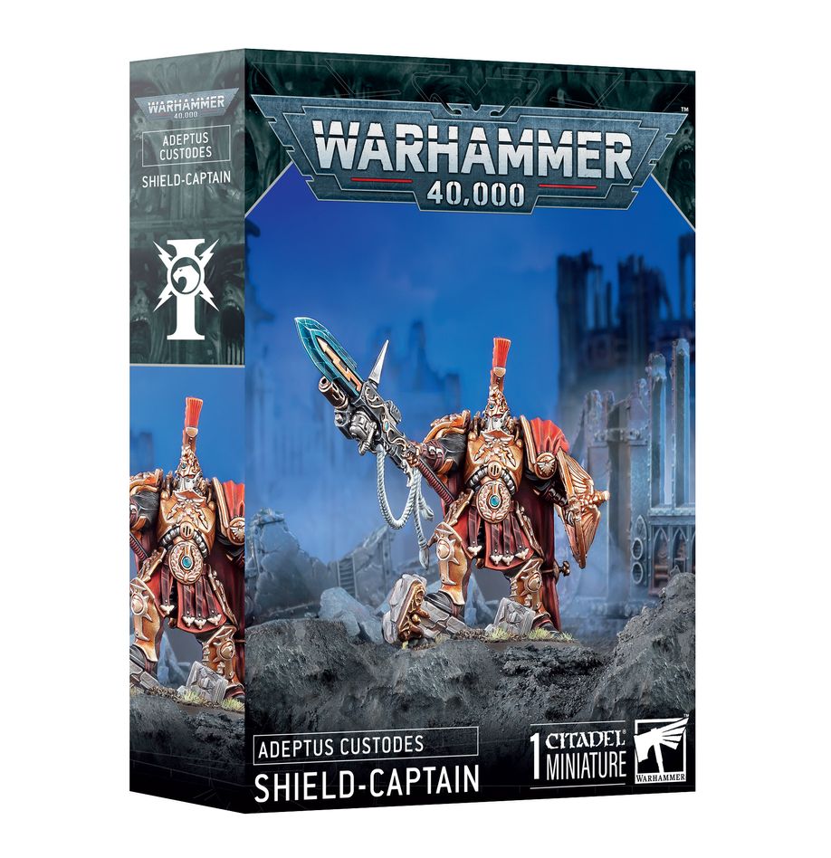 Warhammer 40,000 - Adeptus Custodes - Shield-Captain - Warhammer 40,000 Adeptus Custodes Shield-Captain miniature with gold armor and ornate green weapon on rocky terrain.