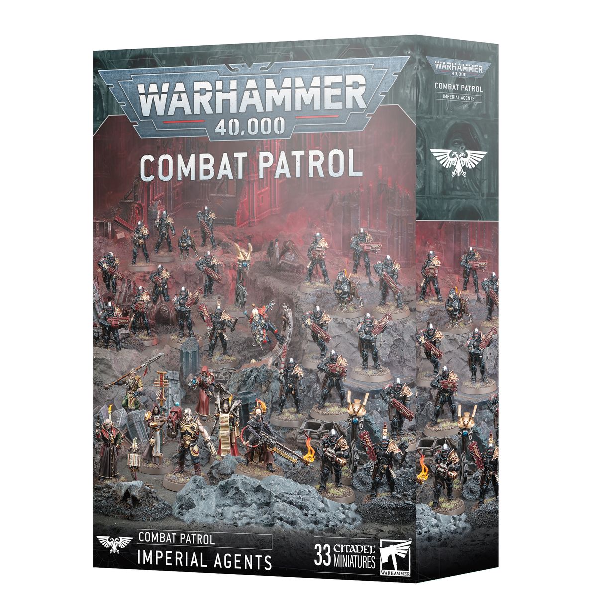 Warhammer 40,000 - Imperial Agents - Combat Patrol - Warhammer 40,000 Combat Patrol box featuring 33 painted Imperial Agents miniatures in dynamic battle poses on rocky terrain.