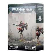 Warhammer 40,000 - Adepta Sororitas - Canoness With Jump Pack - Warhammer 40,000 Adepta Sororitas Canoness miniature with red and black armor, gold accents, wielding a sword and pistol,.