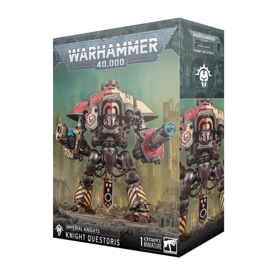 Warhammer 40,000 - Imperial Knights - Knight Questoris - Boxed Warhammer 40,000 Imperial Knights Knight Questoris model kit with detailed mech artwork in red and metallic tones.