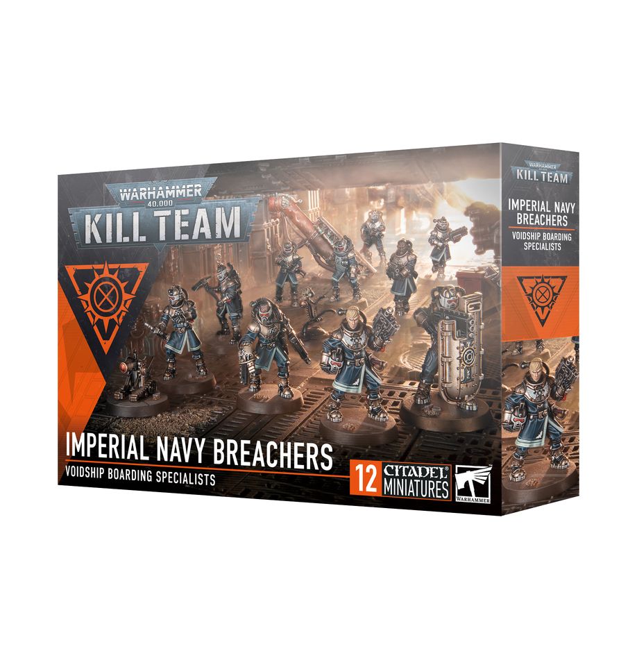 Warhammer 40,000 - Kill Team - Imperial Navy Breachers - Warhammer 40k Kill Team Imperial Navy Breachers box featuring 12 highly detailed sci-fi armored miniatures with blue and.