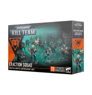 Warhammer 40,000 - Kill Team - Exaction Squad - Warhammer 40,000 Kill Team Exaction Squad box with detailed infantry miniatures in futuristic armor holding rifles, dark.