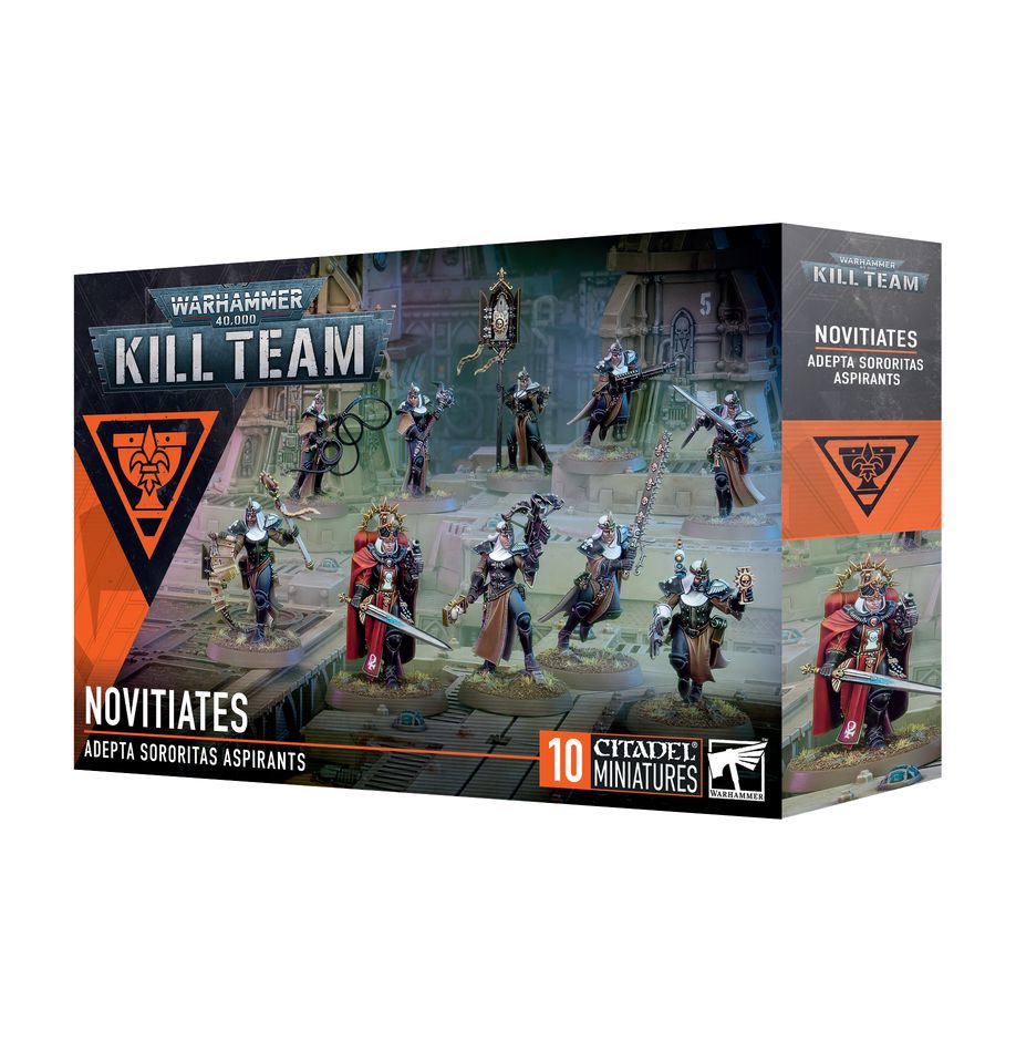 Warhammer 40,000 - Kill Team - Novitiates - Boxed set of Warhammer 40,000 Kill Team Novitiates miniature figures featuring ten painted sci-fi soldiers in dark armor.