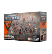 Warhammer 40,000 - Kill Team - Sanctifiers - Warhammer 40k Kill Team Sanctifiers box showing 11 painted sci-fi miniatures in red and white armor with gold details and.