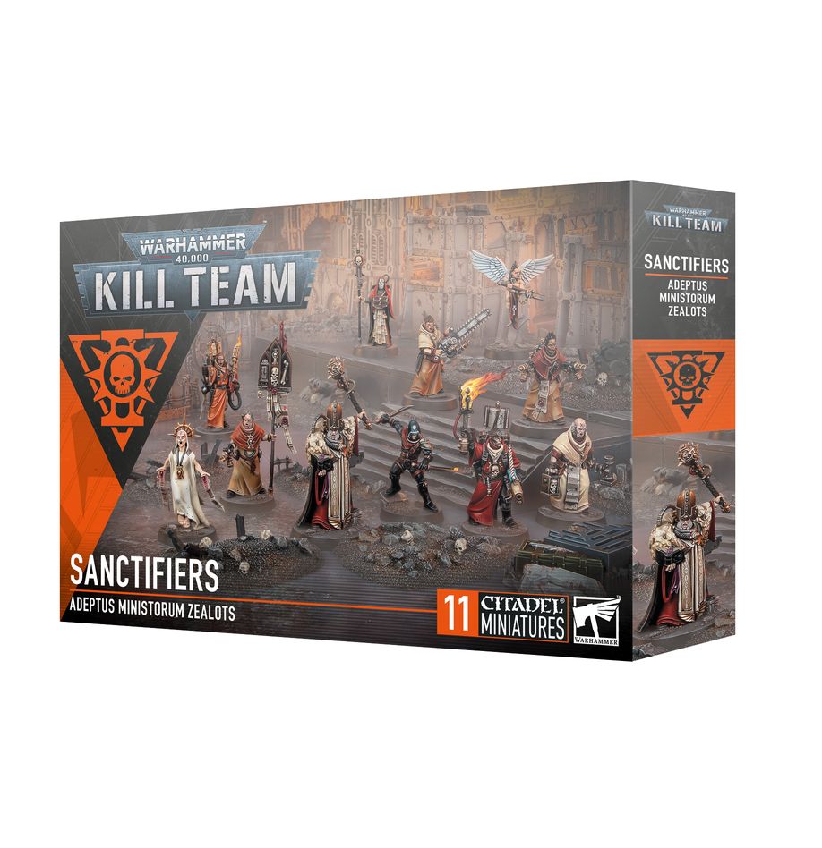 Warhammer 40,000 - Kill Team - Sanctifiers - Warhammer 40k Kill Team Sanctifiers box showing 11 painted sci-fi miniatures in red and white armor with gold details and.