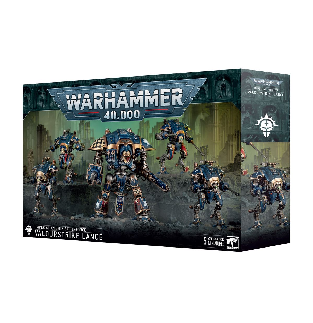 Warhammer 40,000 - Imperial Knights - Valourstrike Lance Battleforce - Warhammer 40,000 Valourstrike Lance Battleforce box featuring painted blue and gold Imperial Knights miniatures with weapons
