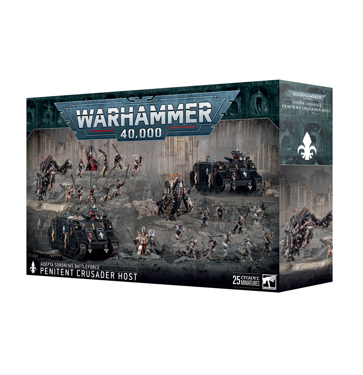 Warhammer 40,000 - Adepta Sororitas - Penitent Crusader Host Battleforce - Warhammer 40,000 Adepta Sororitas Penitent Crusader Host Battleforce box featuring gray plastic miniature models of armored.
