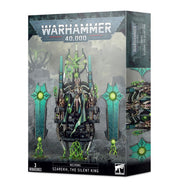 Warhammer 40,000 - Necrons - Szarekh, the Silent King - Warhammer 40,000 Necrons Szarekh the Silent King miniature with metallic silver, green glowing elements, seated on a throne.