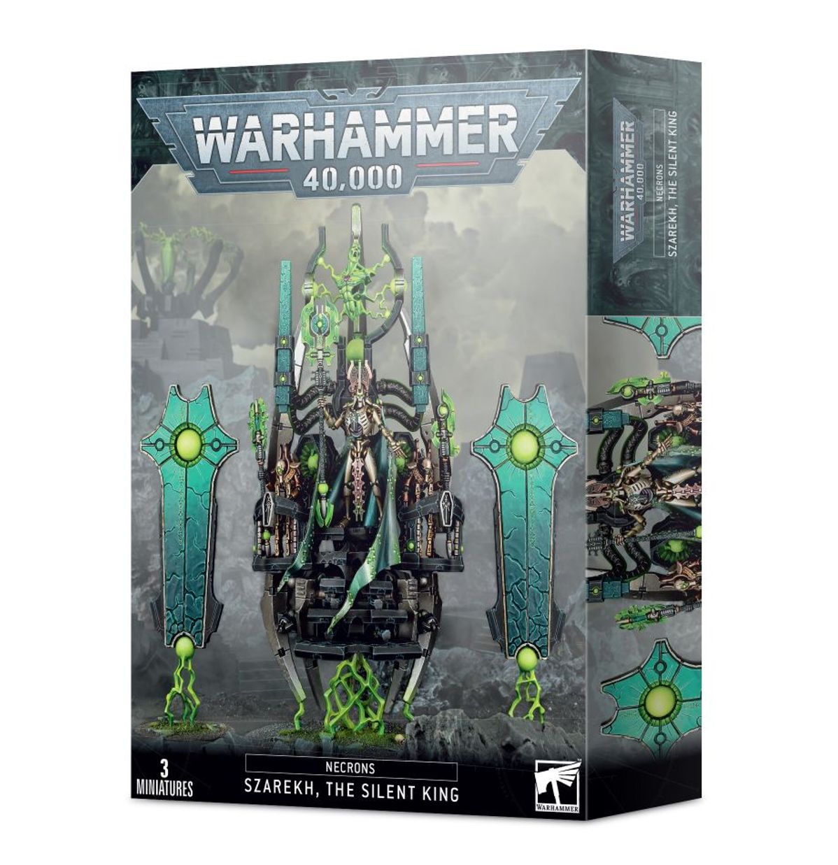 Warhammer 40,000 - Necrons - Szarekh, the Silent King - Warhammer 40,000 Necrons Szarekh the Silent King miniature with metallic silver, green glowing elements, seated on a throne.