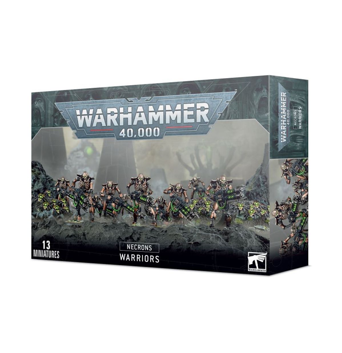 Warhammer 40,000 - Necrons - Warriors - Boxed Warhammer 40,000 Necrons Warriors set featuring 13 metallic green skeletal robot miniatures on bases.