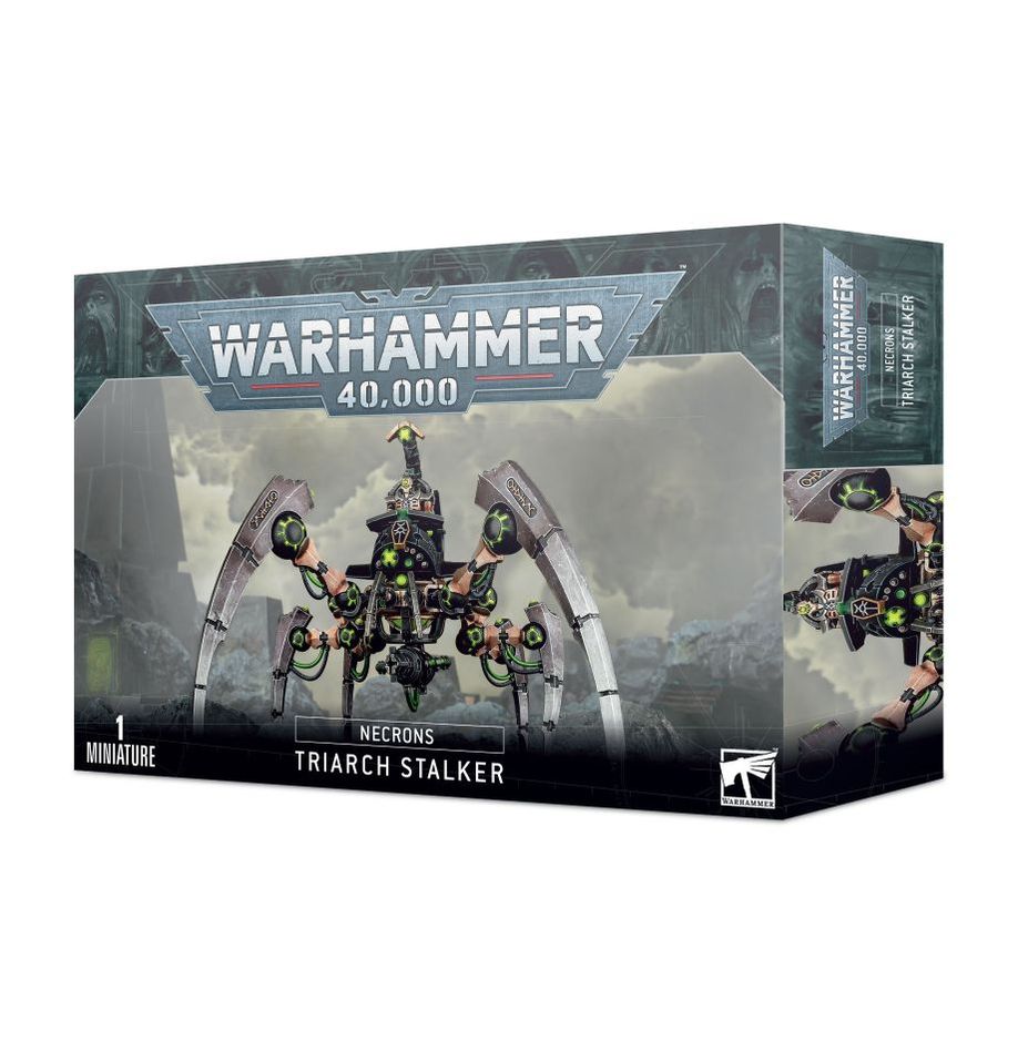 Warhammer 40,000 - Necrons - Triarch Stalker - Warhammer 40,000 Triarch Stalker model box showing mechanical spider-like Necron walker with green and metallic silver.