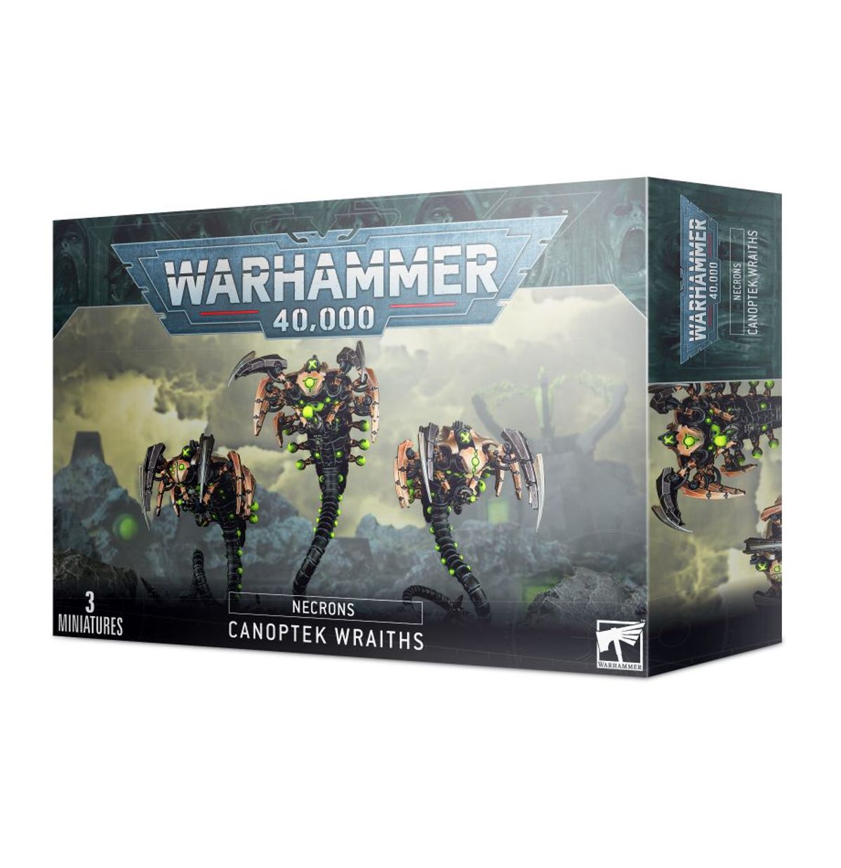 Warhammer 40,000 - Necrons - Canoptek Wraiths - Warhammer 40,000 Canoptek Wraiths box featuring three robotic skeletal figures with green glowing parts and mechanical limbs
