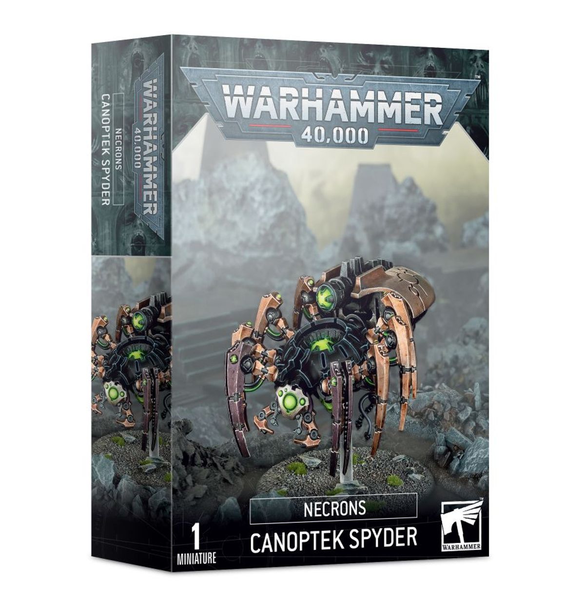 Warhammer 40,000 - Necrons - Canoptek Spyder - Warhammer 40,000 Necrons Canoptek Spyder box art featuring a mechanical spider-like alien with bronze metal limbs and.