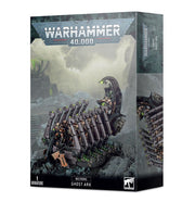 Warhammer 40,000 - Necrons - Ghost Ark - Warhammer 40,000 Necrons Ghost Ark model box featuring metallic skeletal vehicle with green glowing accents and spiked hull.