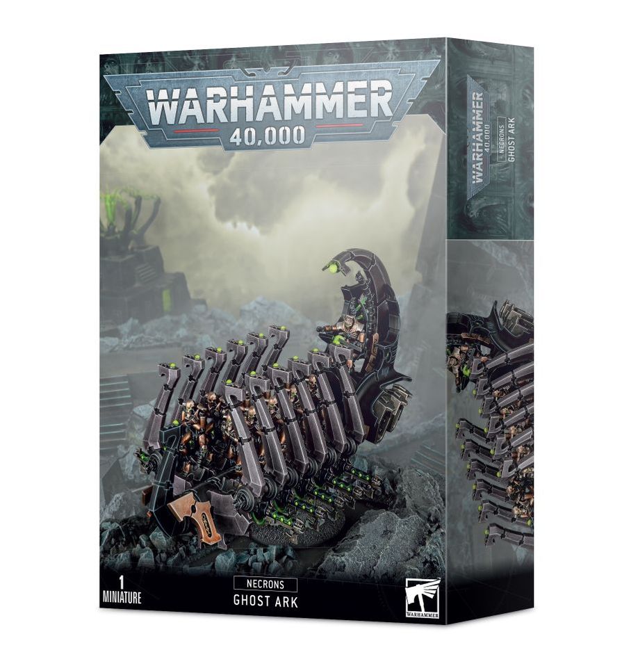 Warhammer 40,000 - Necrons - Ghost Ark - Warhammer 40,000 Necrons Ghost Ark model box featuring metallic skeletal vehicle with green glowing accents and spiked hull.