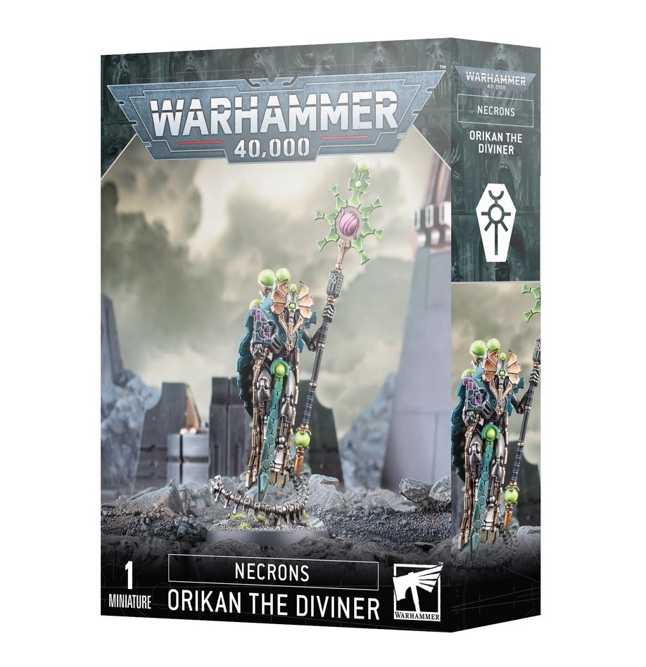 Warhammer 40,000 - Necrons - Orikan the Diviner - Warhammer 40,000 Necrons Orikan the Diviner miniature with glowing green and purple accents on skeletal robotic figure.