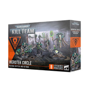 Warhammer 40,000 - Kill Team - Hierotek Circle - Boxed Warhammer 40K Kill Team Hierotek Circle set with eight detailed green and metallic sci-fi miniatures on round bases.