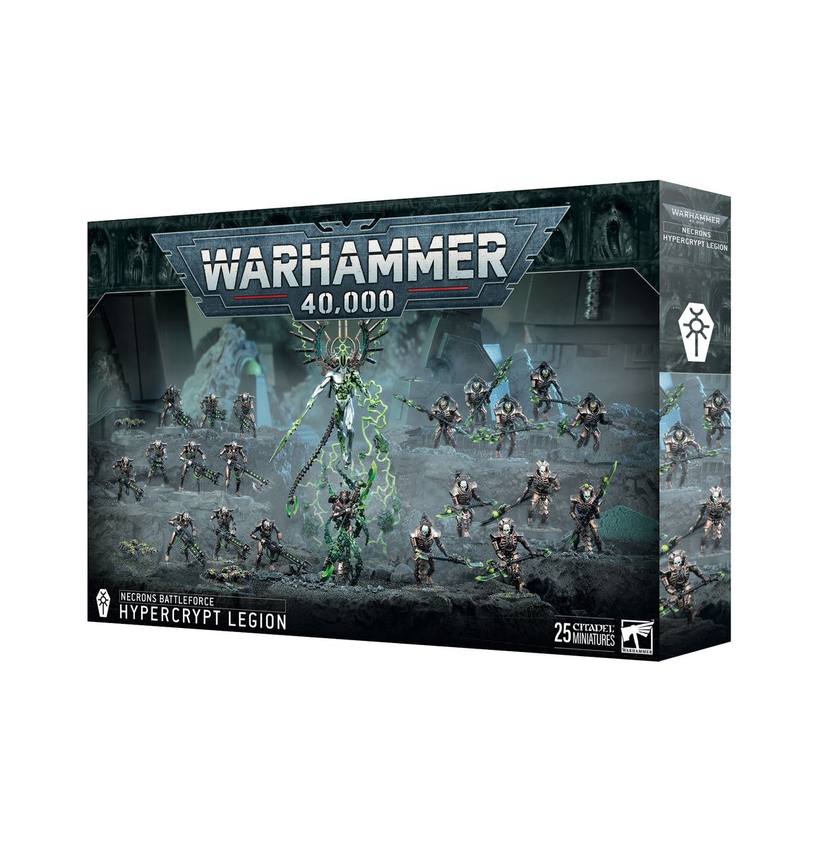 Warhammer 40,000 - Necrons - Hypercrypt Legion Battleforce - Warhammer 40,000 Necrons Hypercrypt Legion Battleforce box featuring green and metallic silver robotic miniatures with.