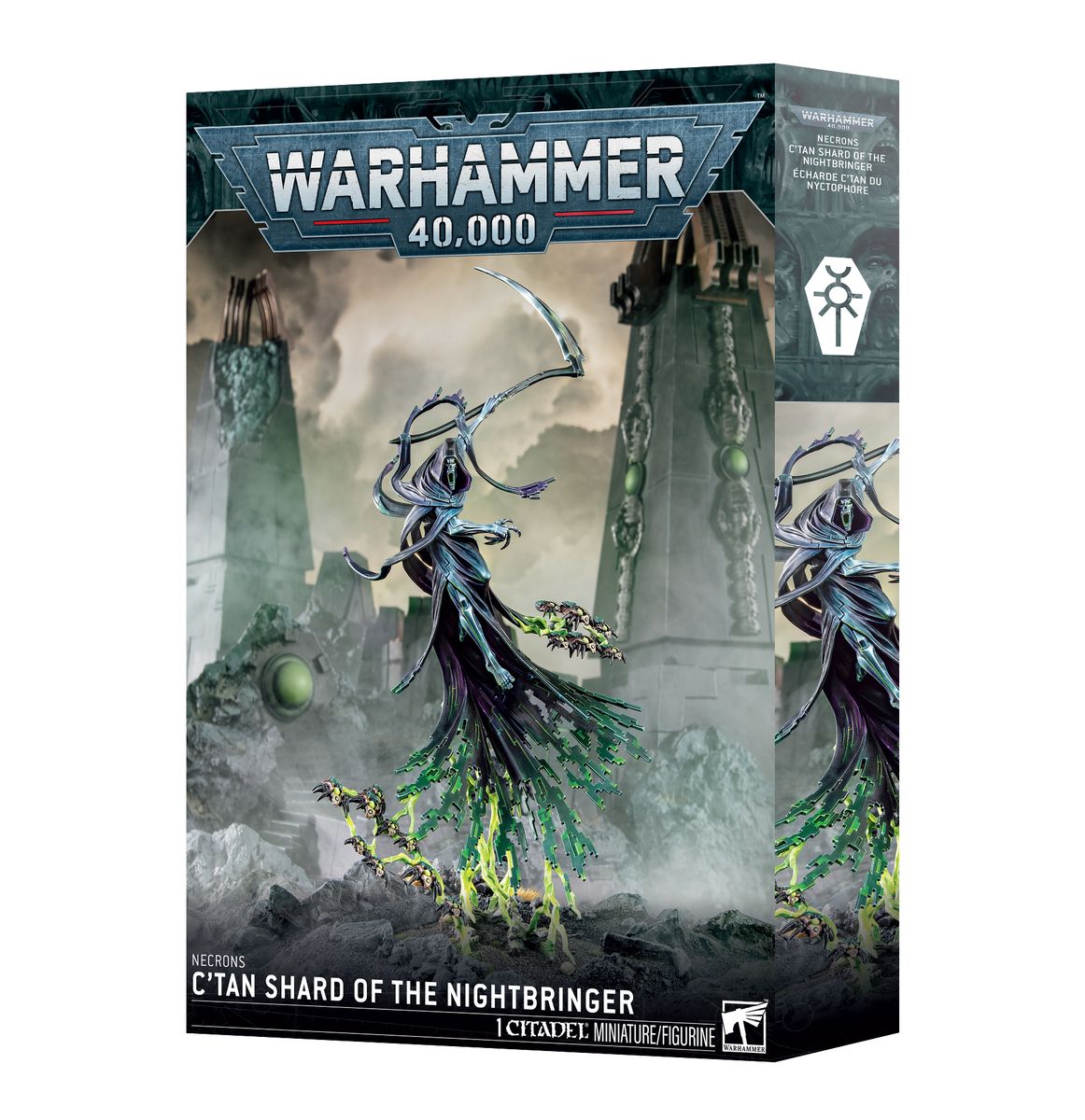 Warhammer 40,000 - Necrons - C'tan Shard of the Nightbringer - Warhammer 40,000 Necrons C'tan Shard model with glowing green energy and mechanical, skeletal design in dark metallic colors.
