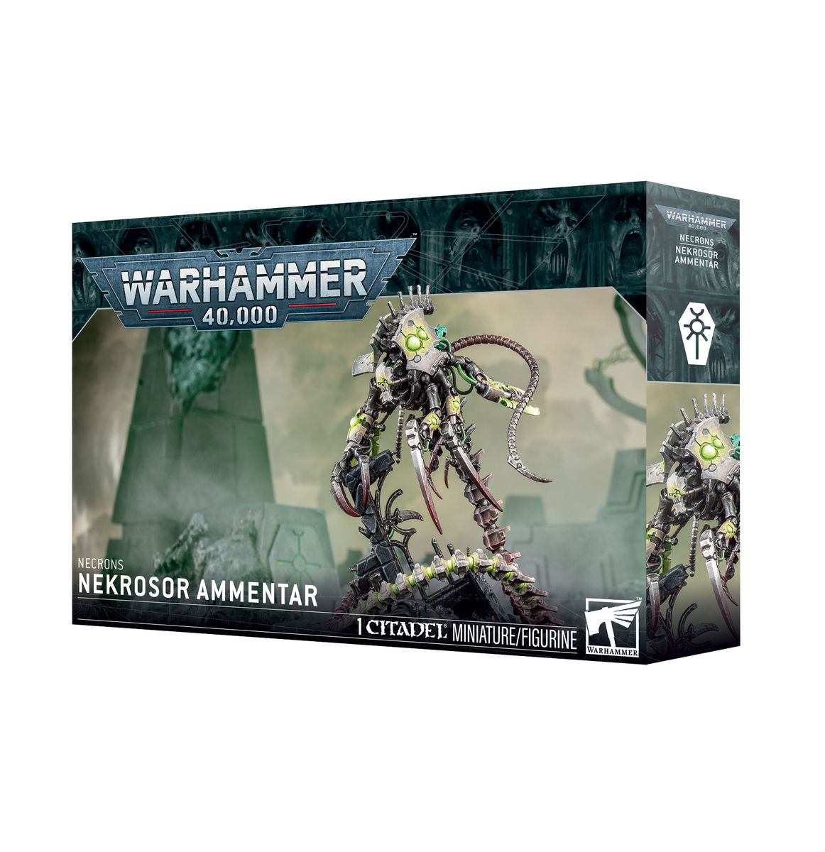 Warhammer 40,000 - Necrons - Nekrosor Ammentar - Warhammer 40k Necrons Nekrosor Ammentar miniature box with a skeletal robotic figure holding a weapon, dark metallic colors.