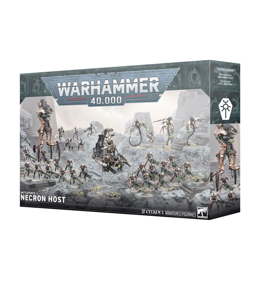 Warhammer 40,000 - Necrons - Necron Host Battleforce (PREORDER) - Warhammer 40,000 Necron Host Battleforce box featuring metallic green and bronze Necron miniatures with futuristic skeletal.