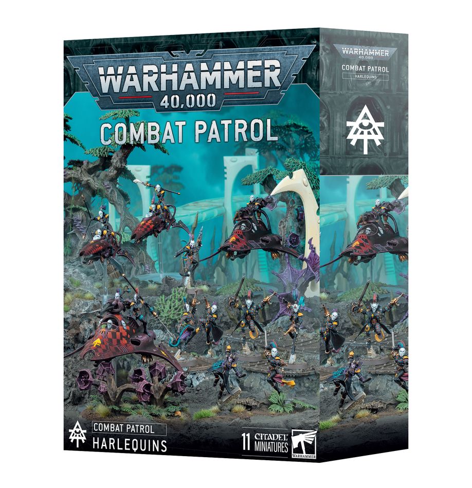 Warhammer 40,000 - Harlequins - Combat Patrol - Warhammer 40,000 Harlequins Combat Patrol box featuring assembled and painted miniatures in dynamic battle poses with.