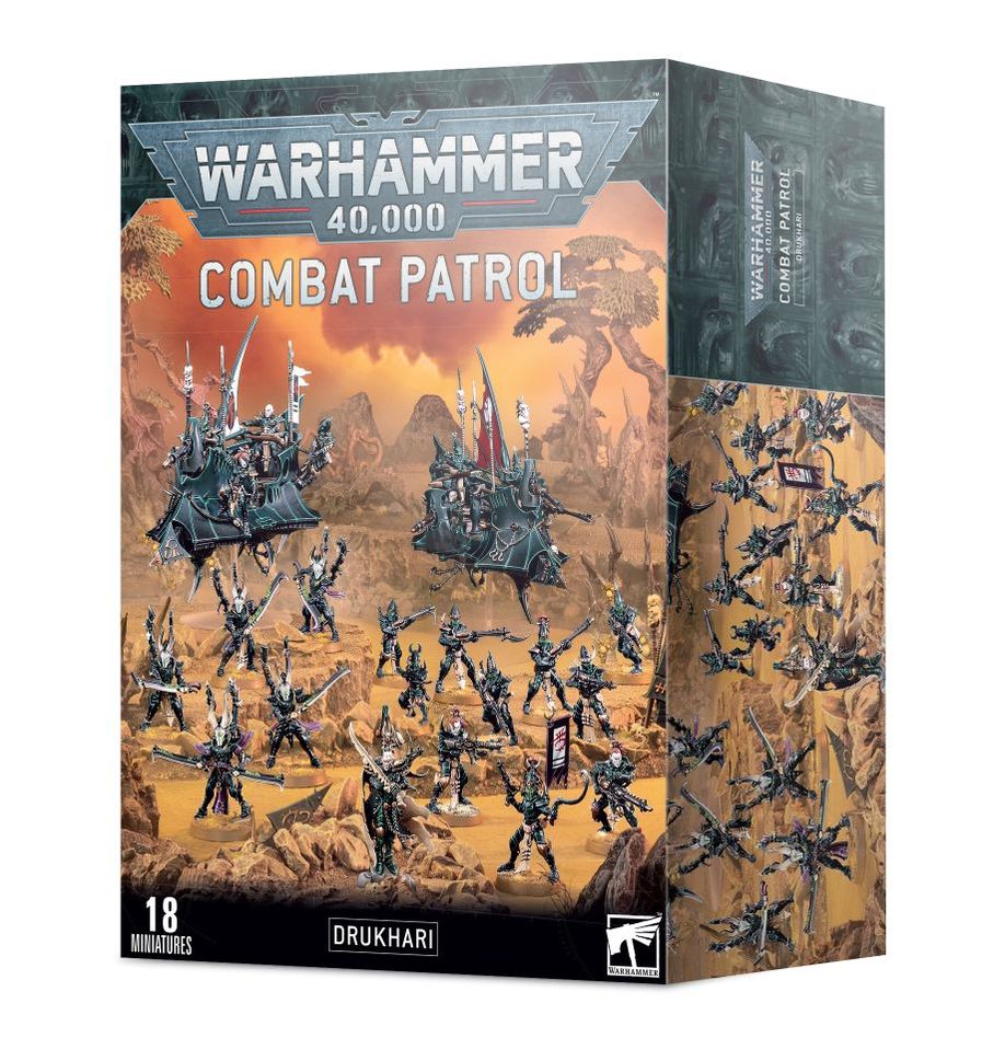 Warhammer 40,000 - Drukhari - Combat Patrol - Warhammer 40,000 Drukhari Combat Patrol box featuring dark armored miniatures with spiked weapons and sleek, sinister design