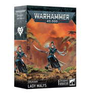 Warhammer 40,000 - Drukhari - Lady Malys - Warhammer 40,000 Drukhari Lady Malys miniature with dark armor, flowing cape, and dual curved blades on rocky terrain base.