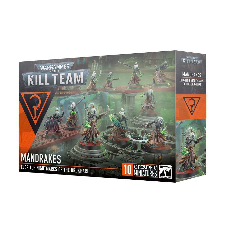 Warhamer 40,000 - Kill Team - Mandrakes - Boxed set of ten detailed green and black alien warrior miniatures with sharp claws and skeletal armor for Warhammer 40,000.
