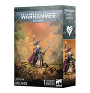 Warhammer 40,000 - Drukhari - Archon - Warhammer 40,000 Drukhari Archon miniature box art featuring a dark armored figure with purple cloak and twin curved blades.