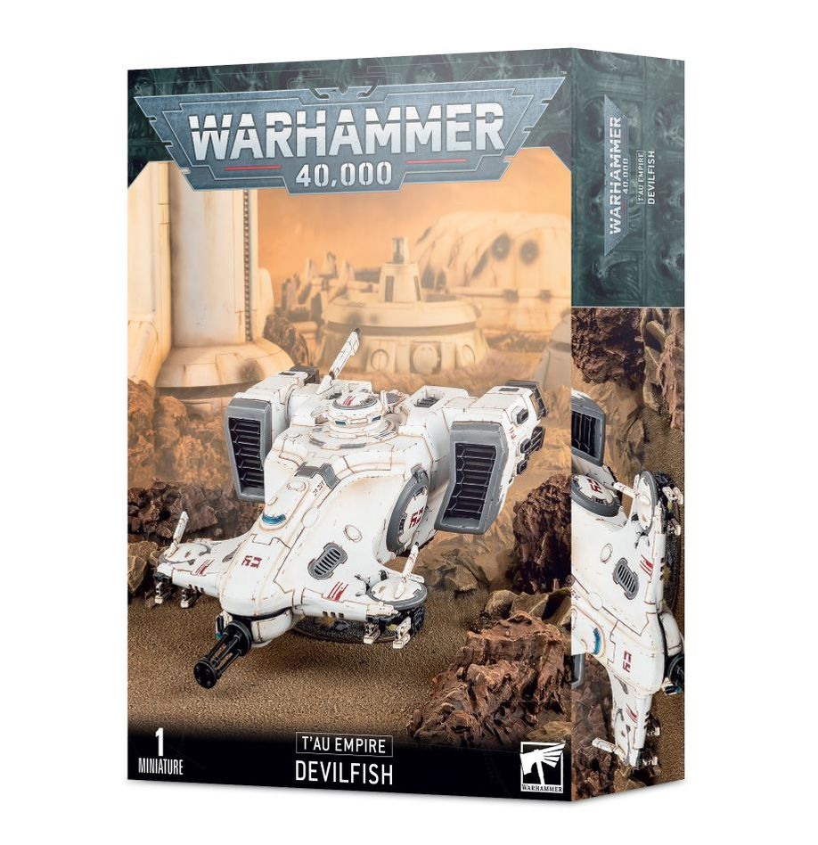 Warhammer 40,000 - T'au Empire - Devilfish - White futuristic armored vehicle model with angular design, twin side thrusters, and turret cannon on Warhammer 40k box.