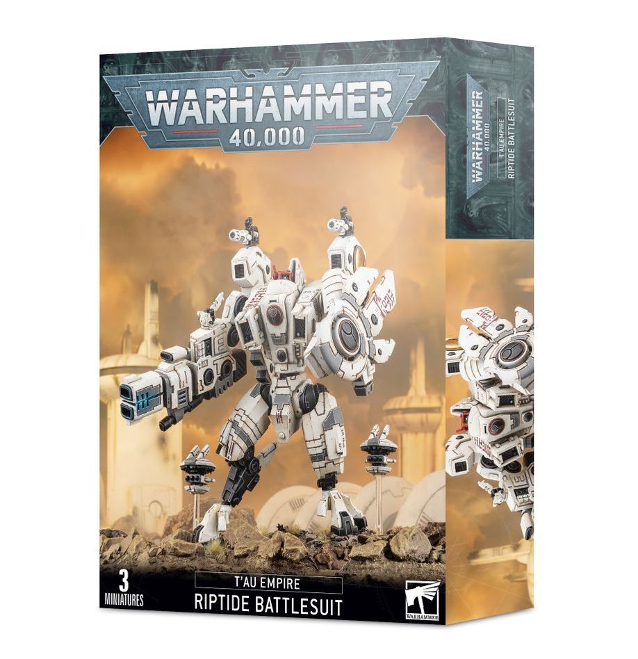 Warhammer 40,000 - T'au Empire - Riptide Battlesuit - White and gray futuristic mech with heavy armor plating and large weapons, standing in a battle-ready pose.