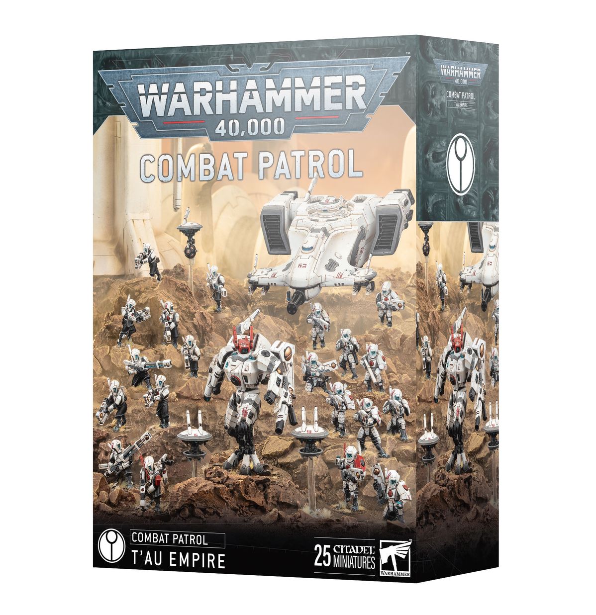 Warhammer 40,000 - T'au Empire - Combat Patrol - Warhammer 40,000 T'au Empire Combat Patrol box featuring detailed gray and white miniatures including infantry and a large.