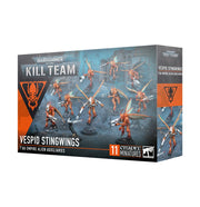 Warhammer 40,000 - Kill Team - Vespid Stingwings - Boxed set of 11 orange and blue insectoid alien miniatures with wings and weapons for tabletop gaming.