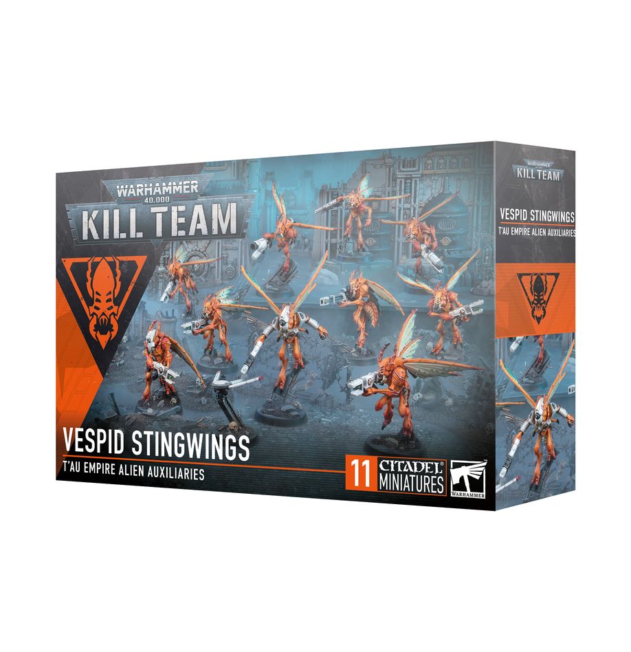 Warhammer 40,000 - Kill Team - Vespid Stingwings - Boxed set of 11 orange and blue insectoid alien miniatures with wings and weapons for tabletop gaming.
