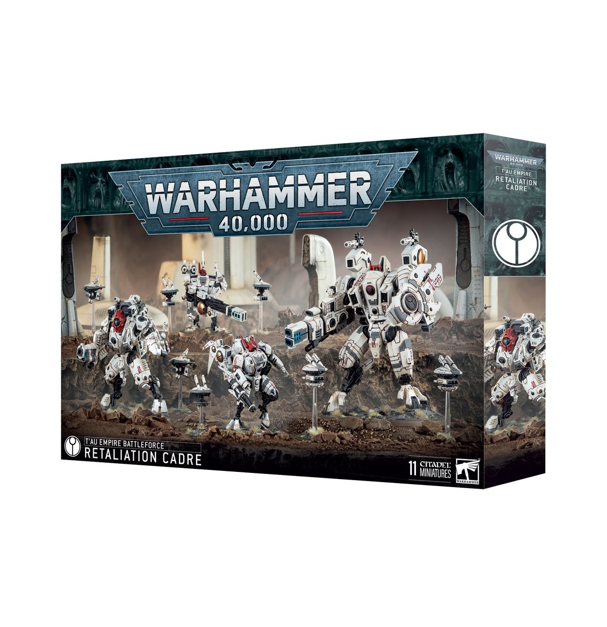 Warhammer 40,000 - T'Au Empire - Retaliation Cadre Battleforce - Warhammer 40,000 T’Au Empire Retaliation Cadre Battleforce box featuring white and gray futuristic armored miniatures with.