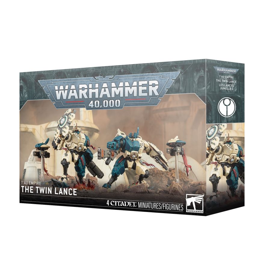 Warhammer 40,000 - T'au Empire - The Twin Lance (PREORDER) - Set of four detailed T'au Empire miniatures in white, blue, and beige armor with sleek weapons, displayed on textured bases.