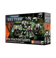 Warhammer 40,000 - Kill Team - XV26 Stealth Battlesuits - Boxed set of eight white and gray XV26 Stealth Battlesuit miniatures with green accents and sleek futuristic armor, posed.