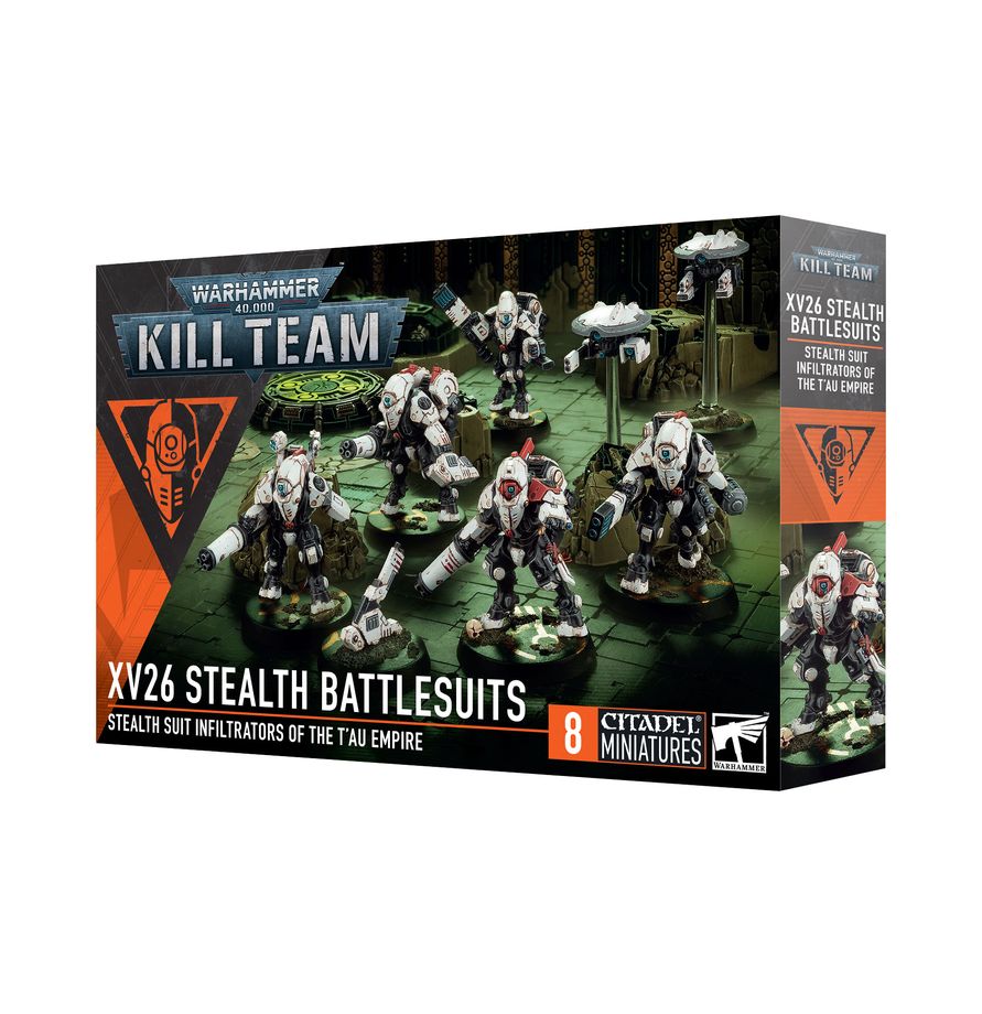 Warhammer 40,000 - Kill Team - XV26 Stealth Battlesuits - Boxed set of eight white and gray XV26 Stealth Battlesuit miniatures with green accents and sleek futuristic armor, posed.