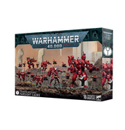 Warhammer 40,000 - T'au Empire - Farsight Cadre - Boxed Warhammer 40,000 T'au Empire Farsight Cadre miniature set with red armored infantry figures on battlefield background.