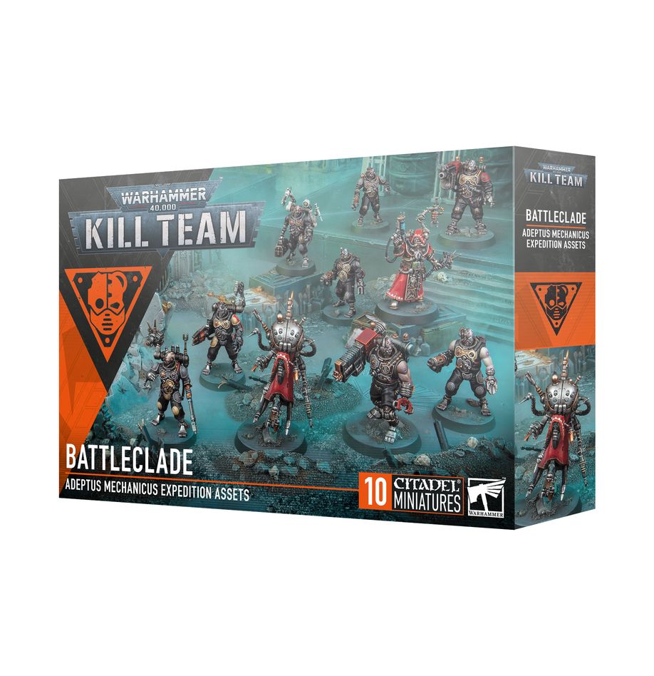 Warhammer 40,000 Kill Team Battleclade packaging with miniatures on a white background