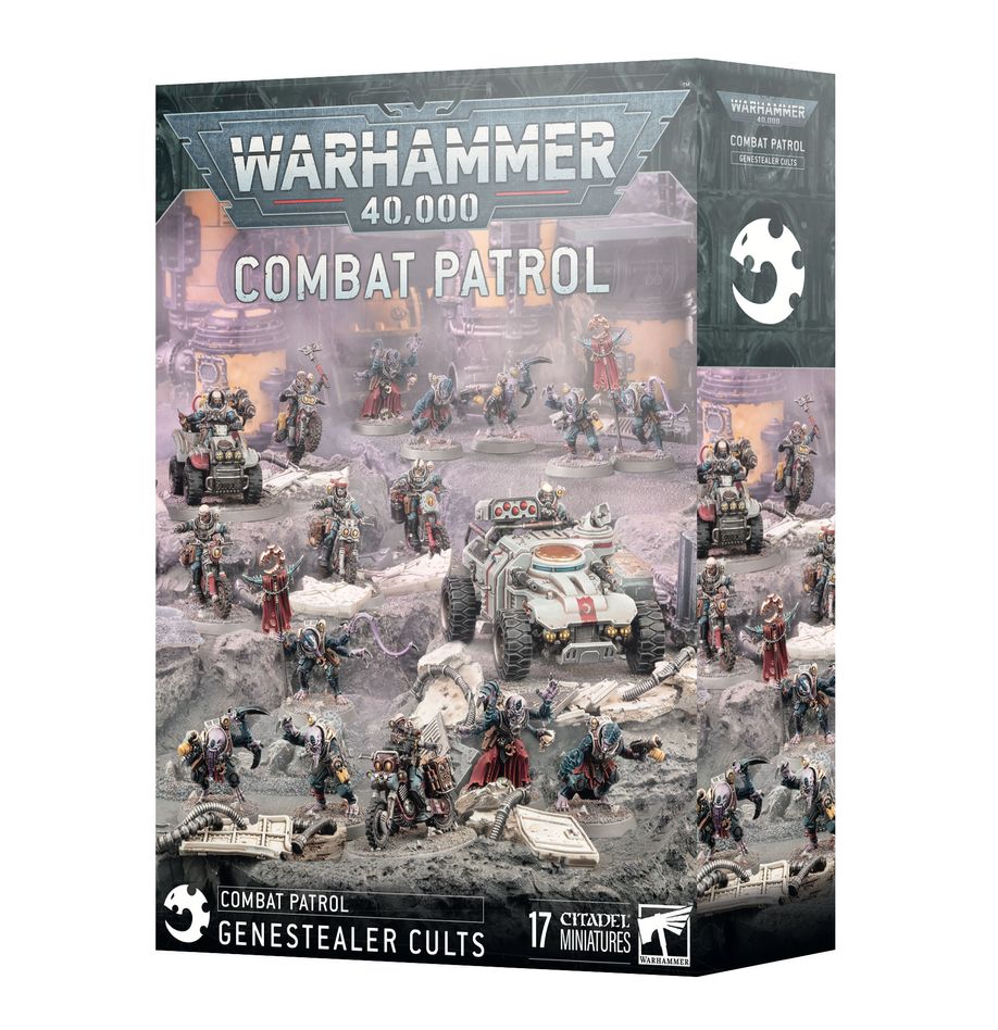 Warhammer 40,000 - Genestealer Cults - Combat Patrol (10th Edition) - Warhammer 40,000 Genestealer Cults Combat Patrol box with painted miniatures and terrain in dark metallic and bone colors.