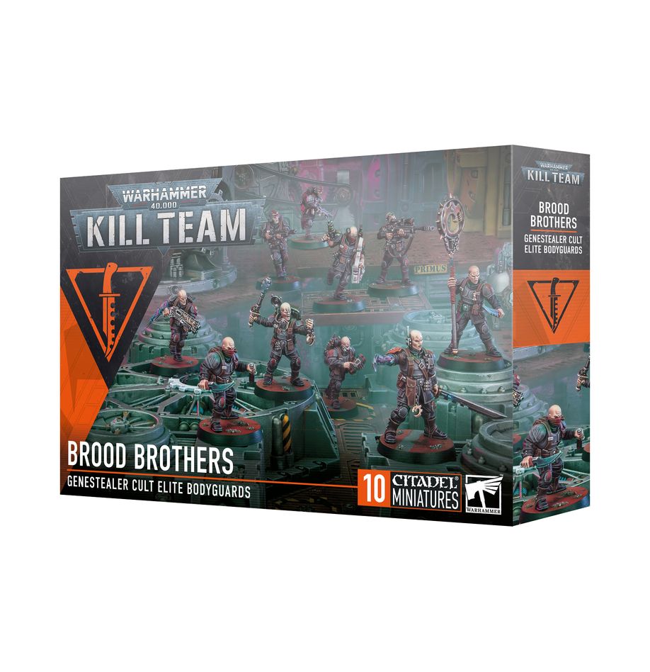 Warhamer 40,000 - Kill Team - Brood Brothers - Boxed set of ten Warhammer 40,000 Kill Team Brood Brothers miniatures in gray plastic, featuring armored humanoid warriors.