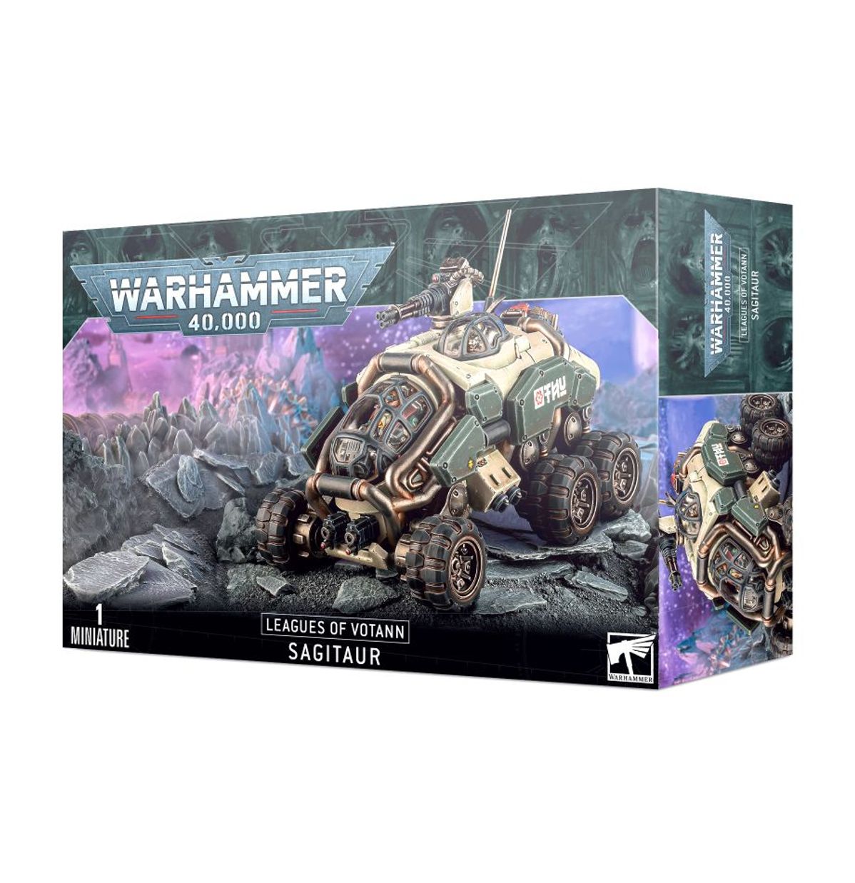 Warhammer 40,000 - Leagues of Votann - Sagitaur - Dark green and gray armored six-wheeled sci-fi vehicle with large front cannons and armored cockpit from Warhammer 40,000.